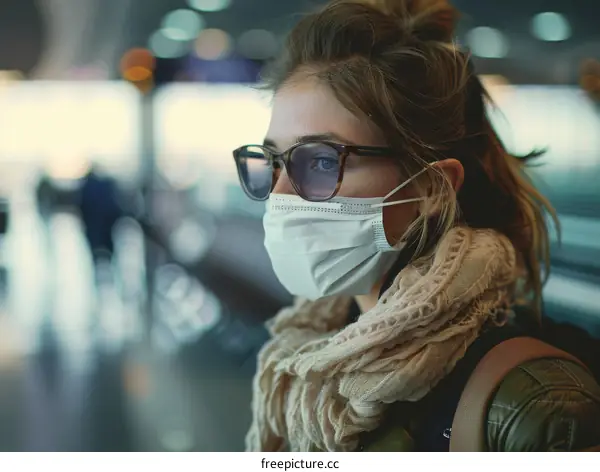 A young woman wearing a mask is looking away from the camera.
