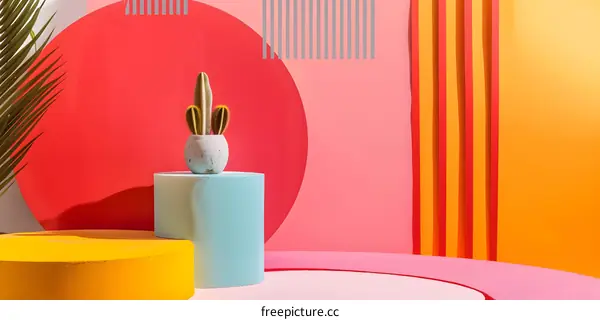 Abstract Minimalist Background with Cactus and Geometric Shapes