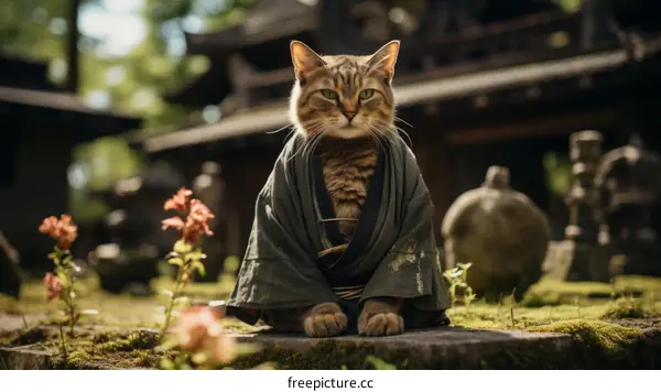 Cat wearing a kimono sits in a Japanese garden