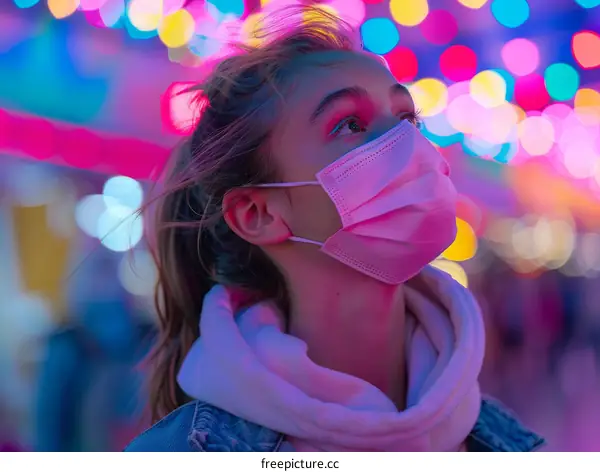 Portrait of a girl wearing a pink mask looking up at colorful lights