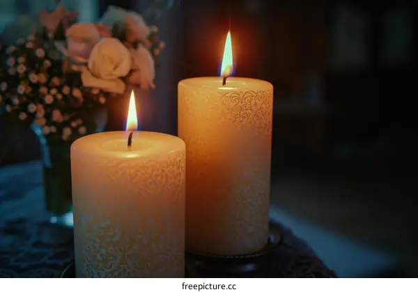 Two candles are burning on the table