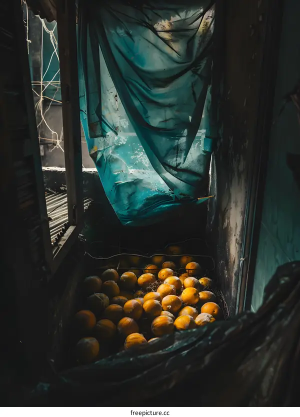Yellow Cantaloupe Melons in a Dark Room with a Blue Curtain