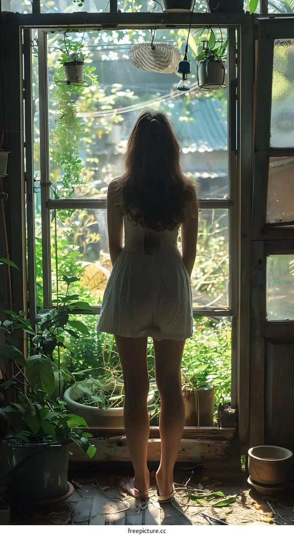 girl standing in front of a window looking at the garden outside