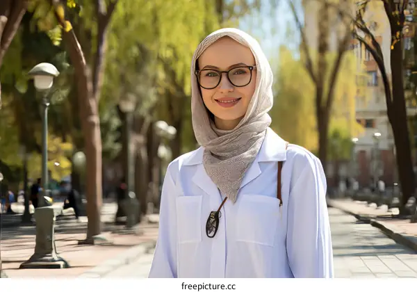 A young woman in a hijab is smiling.
