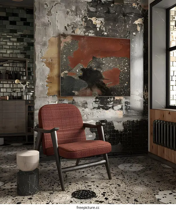 Modern Interior Design with Vintage Chair and Abstract Artwork