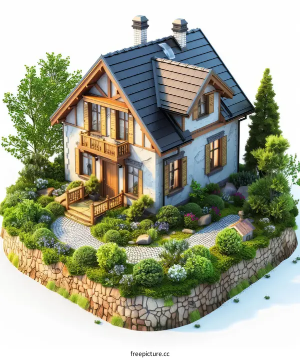 3D Rendering of a Beautiful House in a Scenic Garden