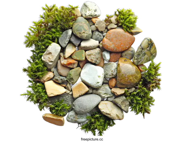 [Transparent Background PNG]Collection of Smooth Stones and Moss on a White Background