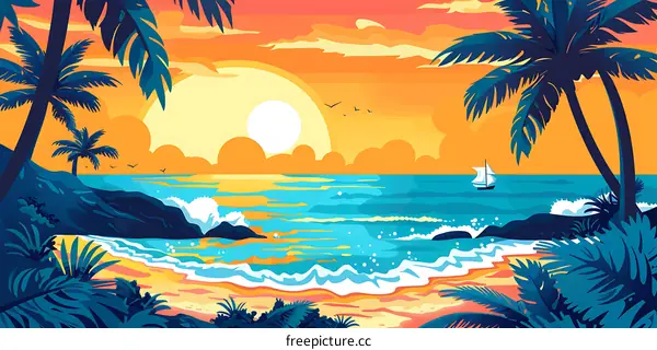 Sunset Beach with Palm Trees and Sailboat