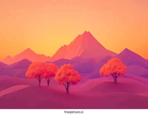Minimalist Mountain Landscape With Sunset