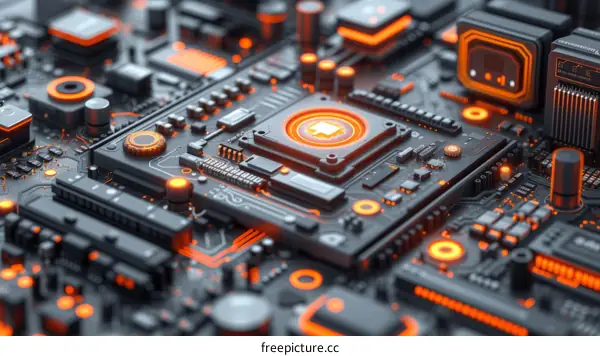 A close-up of a computer circuit board with an orange glowing CPU