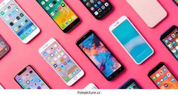 Multiple Smartphones Laid Out on Pink Background