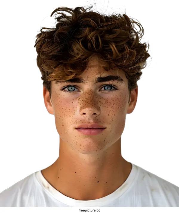 [Transparent Background PNG]Portrait of a Young Man with Curly Brown Hair and Blue Eyes