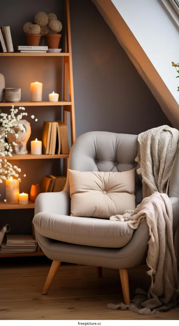 A cozy reading nook with a comfortable armchair, books, and candles
