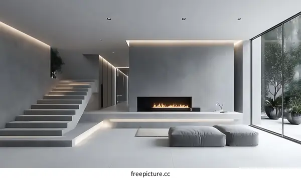 Modern Minimalist Living Room Design with Curved Staircase