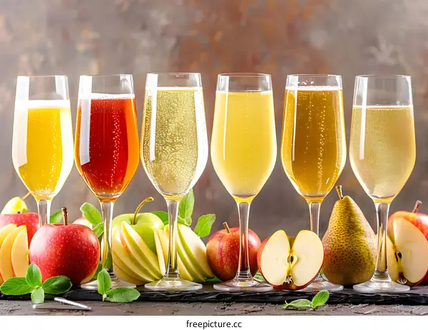 Assortment of Apple Cider in Glasses with Apples and Pears
