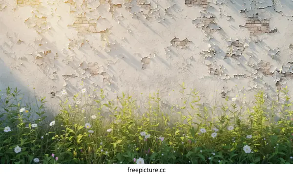Weathered wall with plants growing in front of it