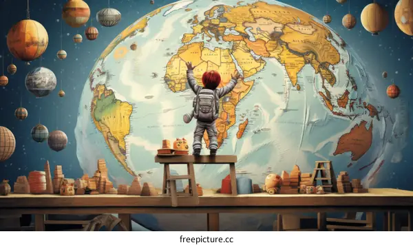 A child standing on a table in front of a large globe
