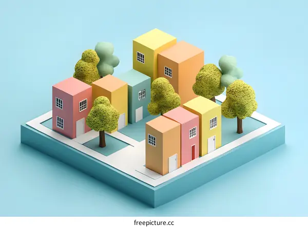 Minimalist 3D Rendering of a Colorful Cityscape