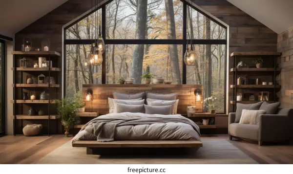 A cozy bedroom with a large window looking out onto a forest