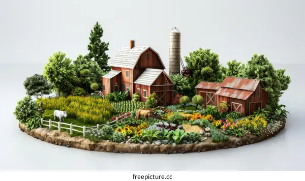 Farmhouse in the countryside with a red barn and a horse