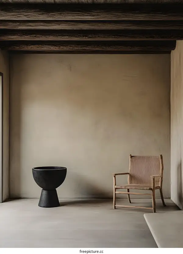 Minimalist Interior Design with Wooden Beam Ceiling and Chair