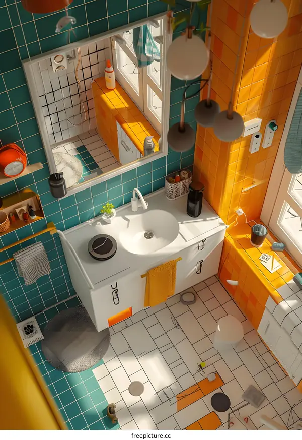 Minimalist Bathroom Interior Design with Yellow and Blue Tiles