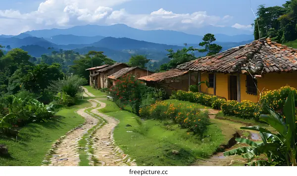Stone houses in a rural village with a beautiful mountain landscape in the background