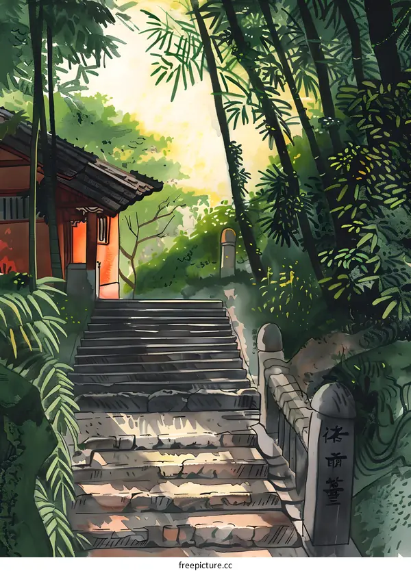 Stone Steps Leading to a Traditional Japanese Temple in a Lush Green Forest