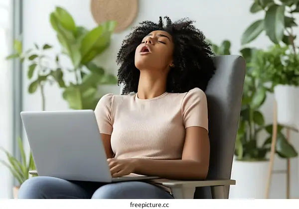 Tired Woman Relaxing With Laptop In A Chair