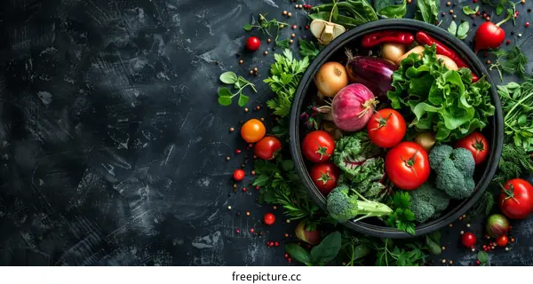 Colorful Fresh Vegetables and Spices on Dark Background