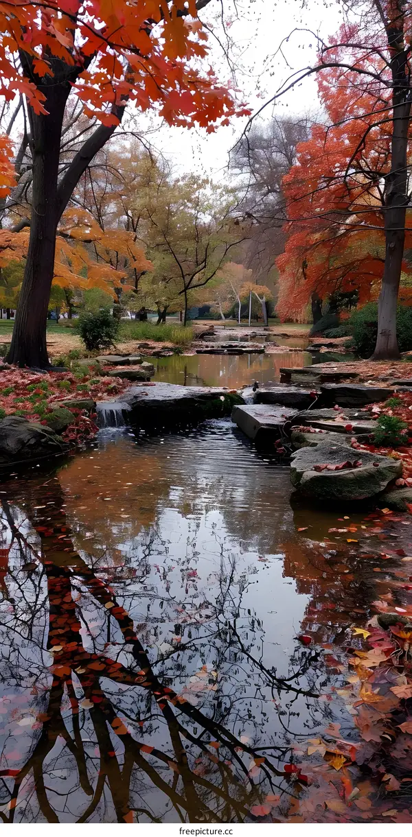 Small creek flowing through autumn park with colorful trees