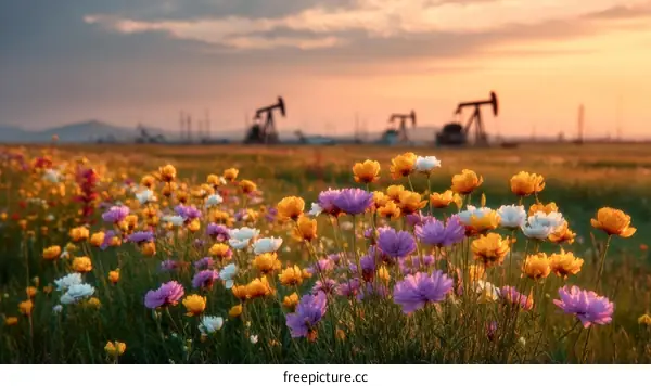 Colorful Wildflowers Field at Sunset with Oil Rigs in the Background