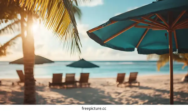 Relaxing Beach Scene with Palm Trees and Umbrellas