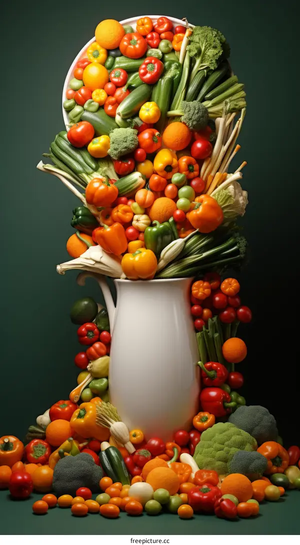 A cornucopia of fresh vegetables spilling out of a ceramic vase