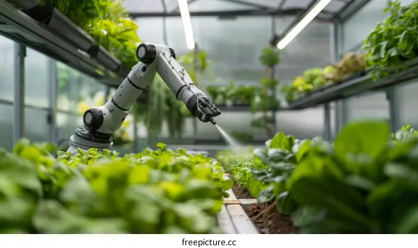 A robot arm is watering plants in a greenhouse