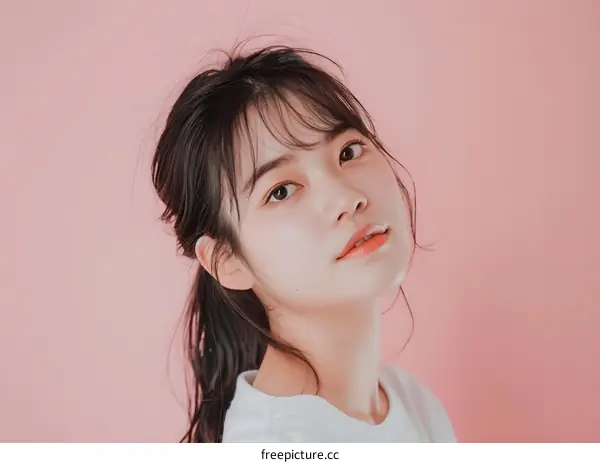 Asian Woman with Long Black Hair Posing in a Pink Background