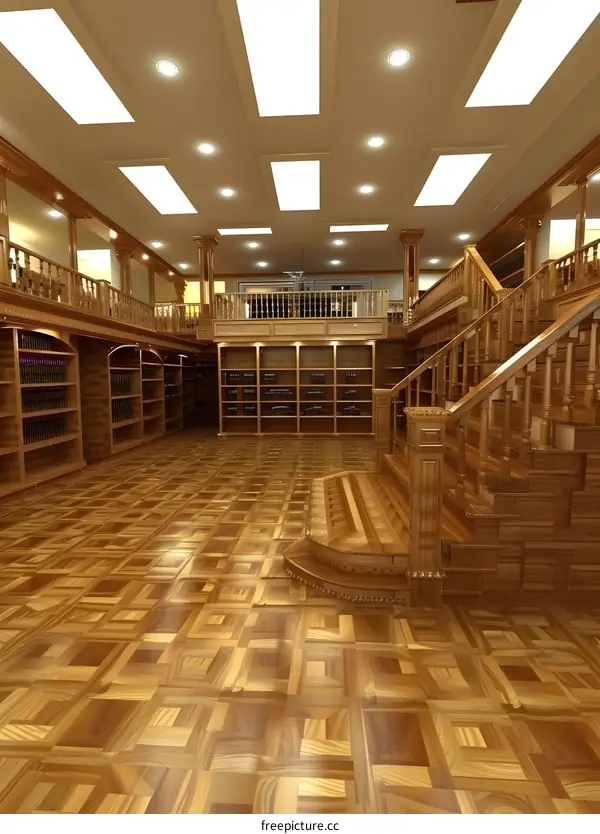 Wooden Library Interior With Large Windows And Staircase