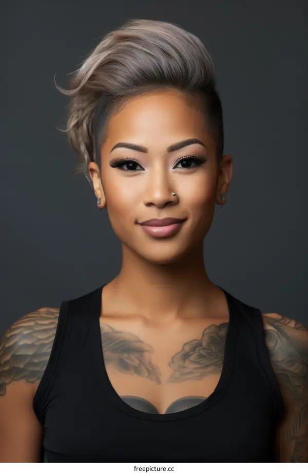 portrait of a young woman with short hair and tattoos