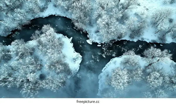 Winter Landscape Aerial View of Snowy River and Forest