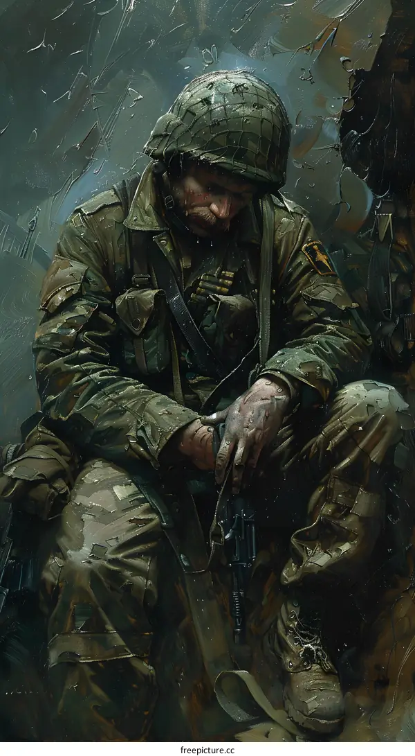 A soldier sits on the rubble of a destroyed building, his face is sad and tired, and his hands are holding a gun