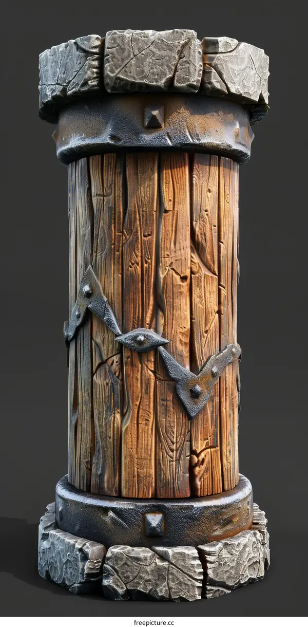 Wooden Column with Metal Bands and Rivets