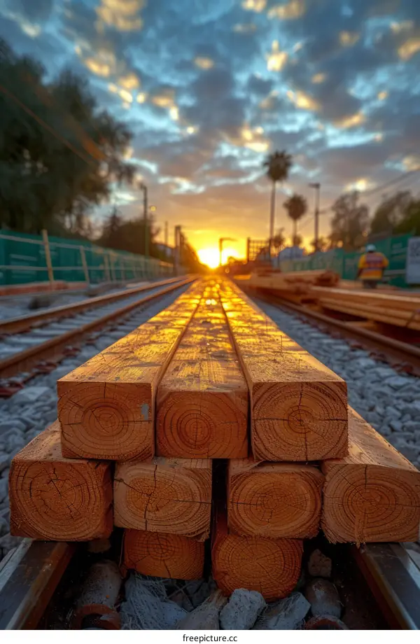 Railway construction site with wooden sleepers stacked in the foreground and a sunset in the background