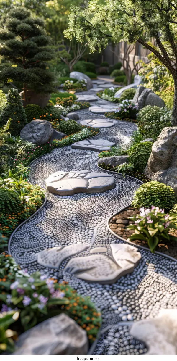 Stone path through a lush garden