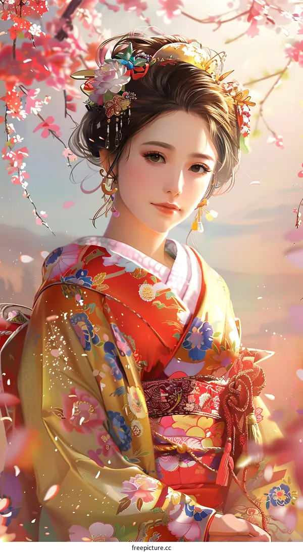 A beautiful Japanese woman in a kimono standing under a cherry blossom tree.