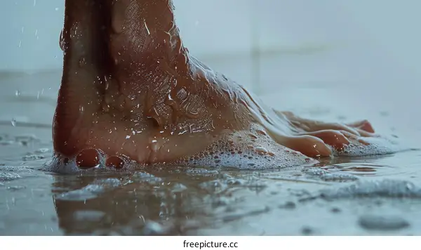 Bare feet stepping in shower water