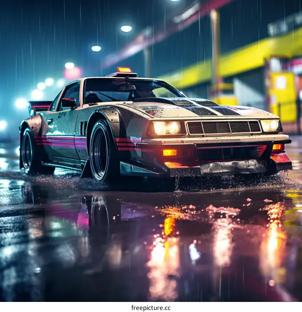A retro futuristic car drives through a rainy city street at night