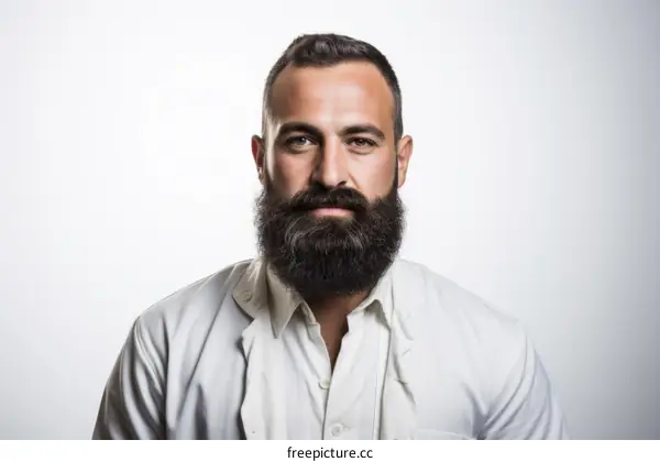 Bearded man in white coat looking at camera