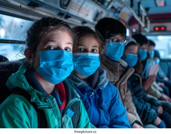 Children wearing surgical masks on a bus