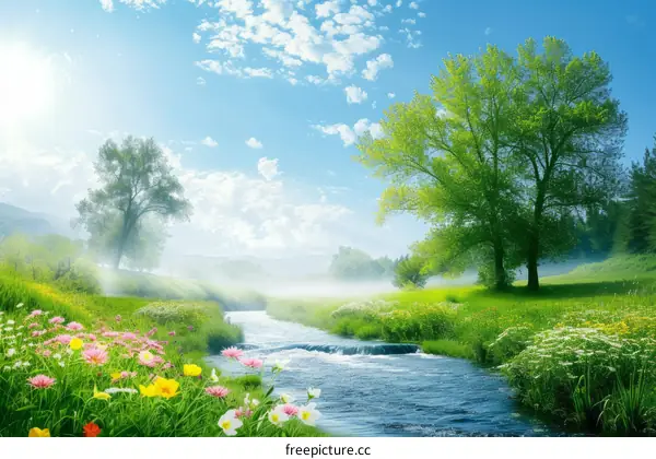 A beautiful landscape with a river, green trees and flowers