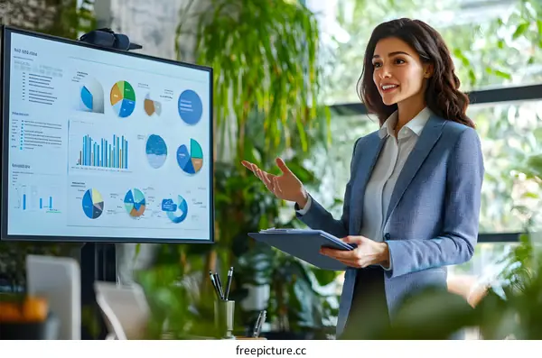 Businesswoman Giving Presentation With Charts On Screen In Modern Office